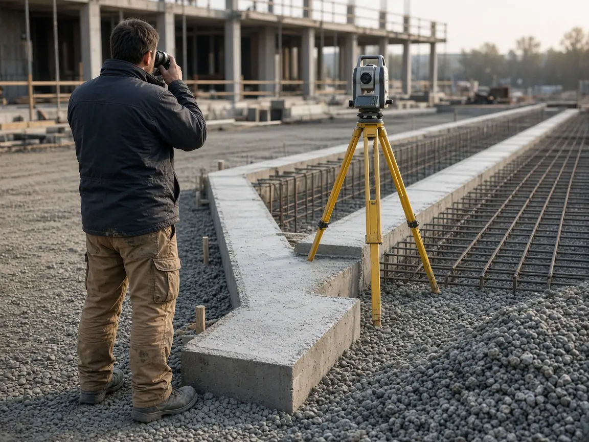 Şantiyede kurulu total station ve temel hattı